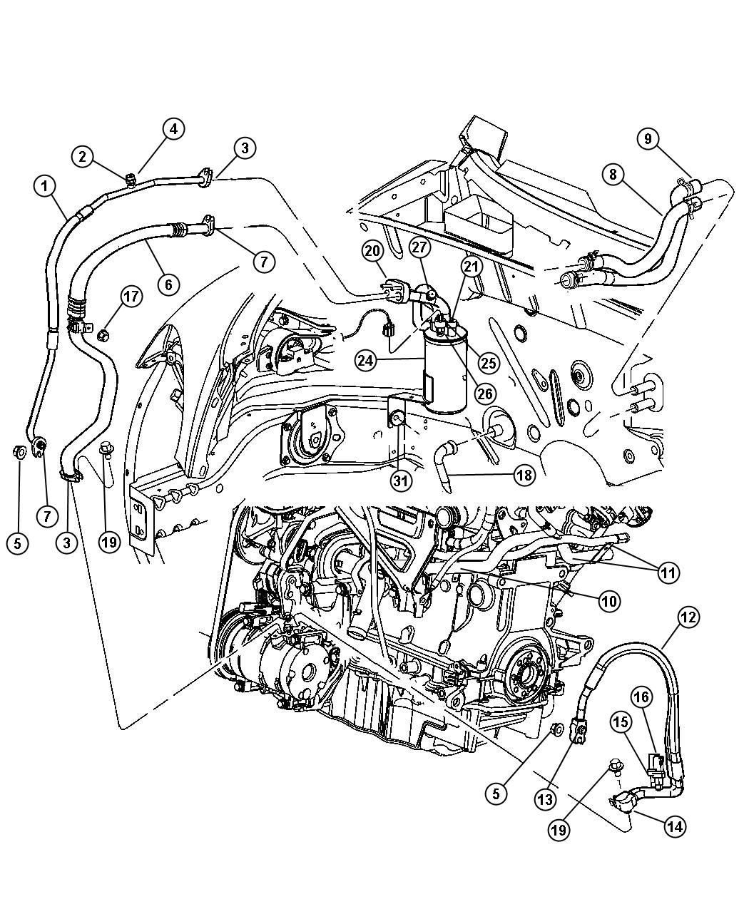 Chrysler PT Cruiser Line. A/c discharge. Turbo, engine, dohc